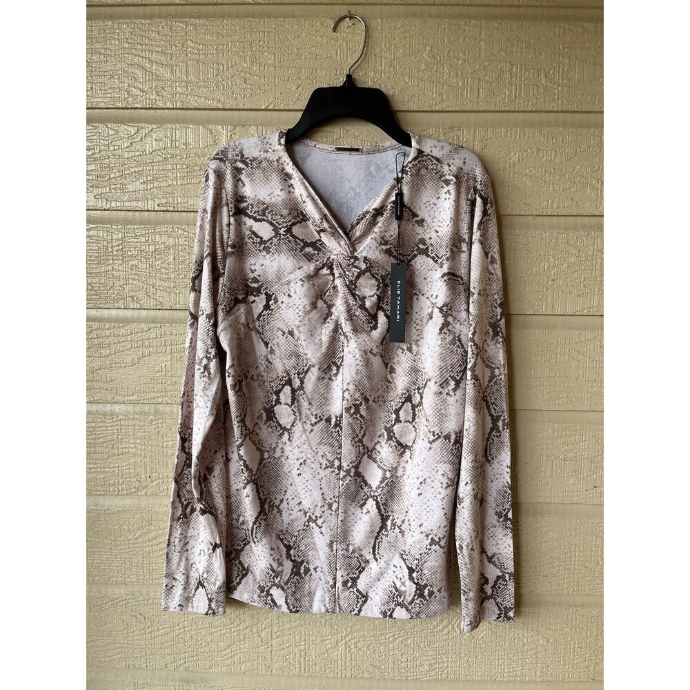 Elie Tahari womens V Neck Twist Knot Knit Top size XS Beige Snakeskin Print $110